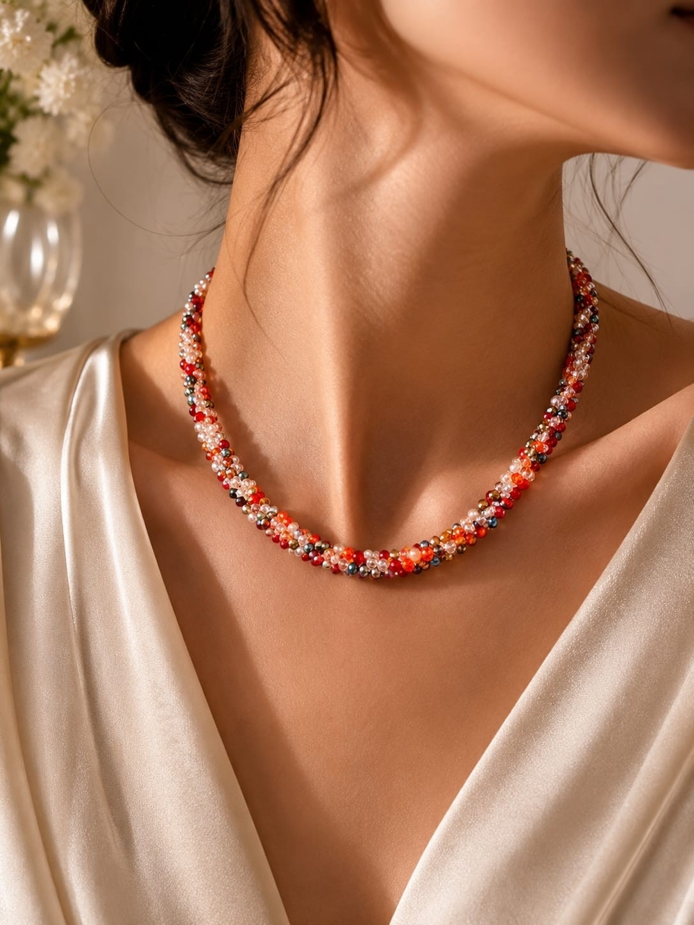 Glass Bead Statement Necklace - Red Orange Mix